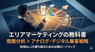 エリアマーケティングの教科書。地図上の特定商圏を指差す経営者と、Googleマップ・FAX機などのアイコン。商圏分析とアナログ・デジタル集客戦略を組み合わせた必勝ロードマップのイメージ。