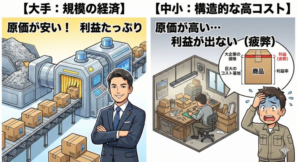 プライスリーダーと中小企業のコスト構造比較図。規模の経済が働く大手に対し、中小企業が価格勝負を挑むと利益が出ずに疲弊する仕組み。