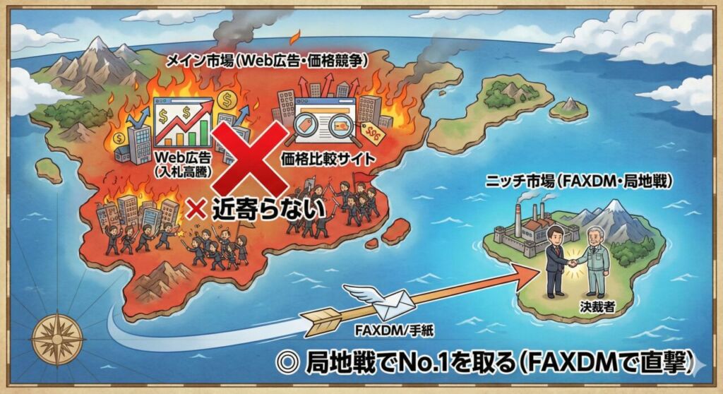 ランチェスター戦略の図解。Web広告などの価格競争が激しい広域戦を避け、FAXDMを使って特定のニッチ市場（局地戦）でシェアを獲得するイメージ。