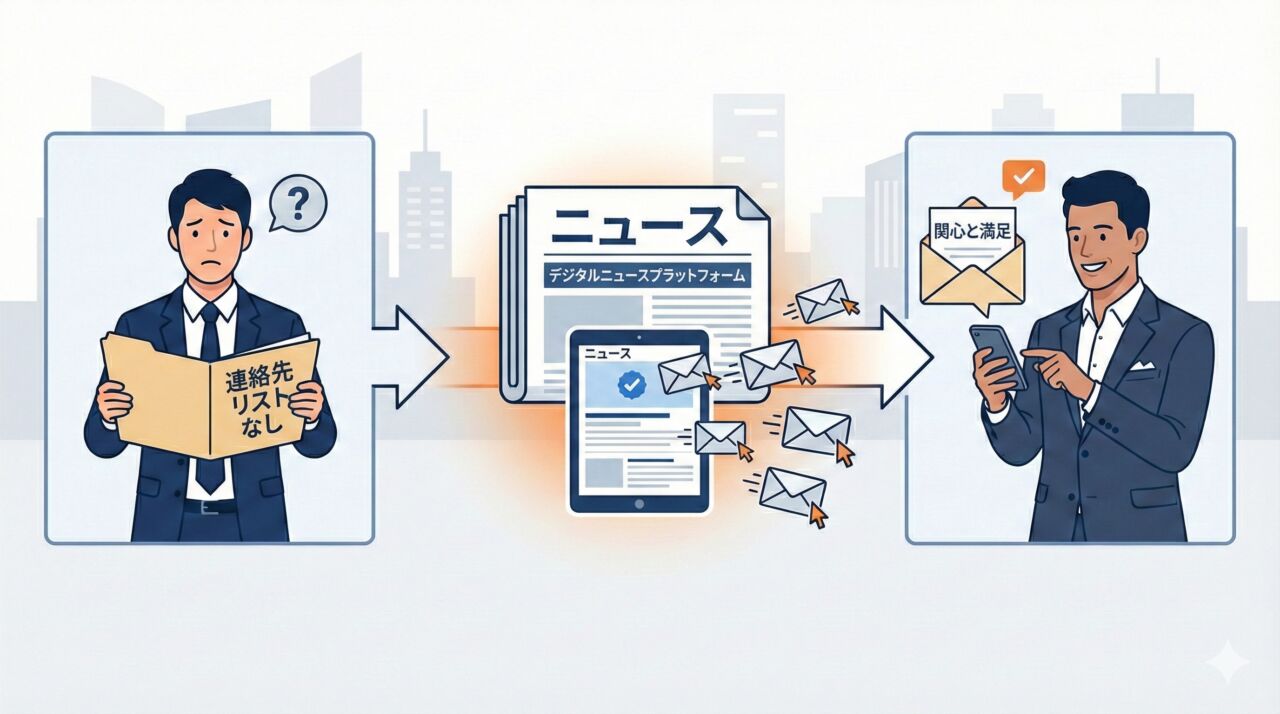 メルマガ広告の仕組み図解｜自社リストがなくても有力メディアを経由してターゲット企業の担当者にメールを届ける流れ