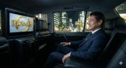 高級タクシーの後部座席で、タブレット広告を見ているスーツ姿の経営者