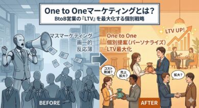 画一的なアプローチで顧客の反応が薄いマスマーケティングと、顧客一人ひとりに合わせた個別提案で信頼を得てLTVを高めるOne to Oneマーケティングを対比させたアイキャッチ画像。