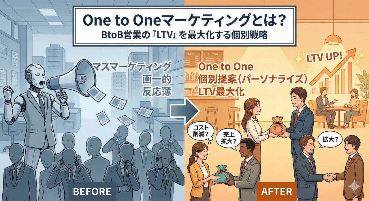 画一的なアプローチで顧客の反応が薄いマスマーケティングと、顧客一人ひとりに合わせた個別提案で信頼を得てLTVを高めるOne to Oneマーケティングを対比させたアイキャッチ画像。