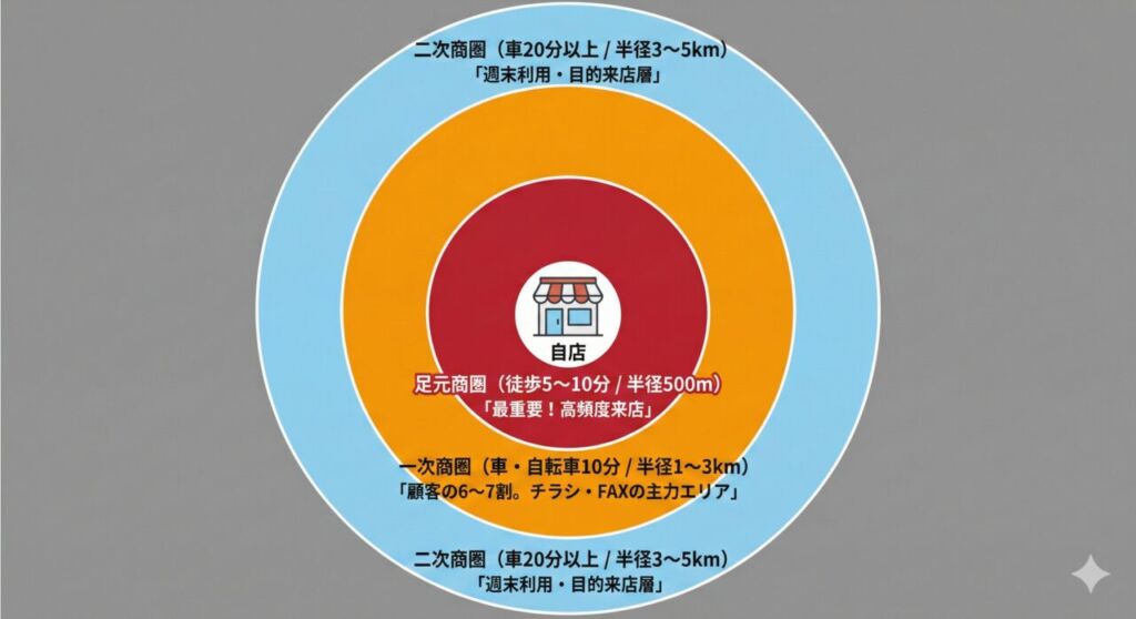エリアマーケティングにおける商圏の3分類図解。店舗を中心とした同心円マップで、内側から順に「足元商圏（半径500m・最重要）」、「一次商圏（半径1〜3km・チラシやFAXの主力エリア）」、「二次商圏（半径3〜5km）」と定義されている。