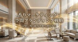 香りマーケティングのイメージ。洗練されたビジネス空間に、心地よい香りが広がり、空間の価値を高めている様子。
