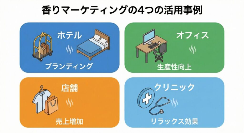 香りマーケティングの導入効果と活用シーン。ホテル、オフィス、アパレル店舗、医療施設でのそれぞれのメリットを図解。
