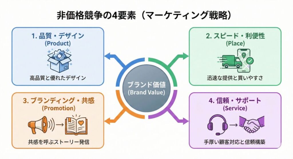 非価格競争の4要素(マーケティング戦略)の図解。ブランド価値を中心に、1.品質・デザイン(Product)、2.スピード・利便性(Place)、3.ブランディング・共感(Promotion)、4.信頼・サポート(Service)の4つで差別化する仕組みを可視化したインフォグラフィック。