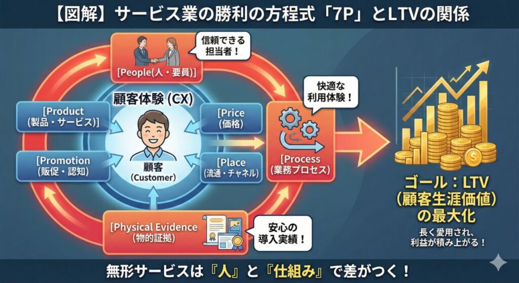 マーケティング7Pの各要素（Product, Price, Place, Promotion, People, Process, Physical Evidence）が、どのように顧客体験を高め、最終的なLTV（顧客生涯価値）の最大化につながるかを示した構造図解。