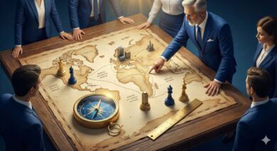 BtoBマーケティングの戦略立案イメージ。ビジネスリーダーが地図と羅針盤（コンパス）を使い、市場での勝ち筋を計画している様子。