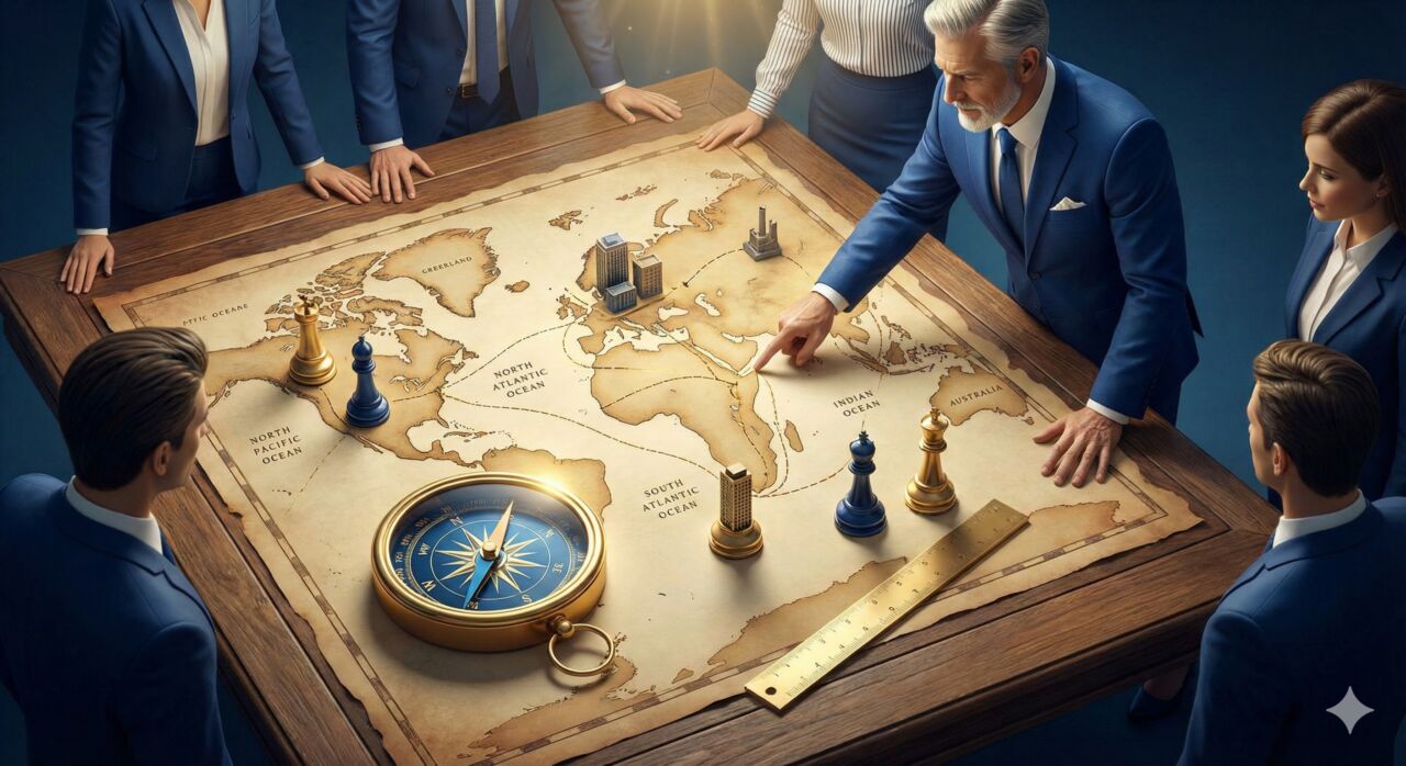 BtoBマーケティングの戦略立案イメージ。ビジネスリーダーが地図と羅針盤（コンパス）を使い、市場での勝ち筋を計画している様子。