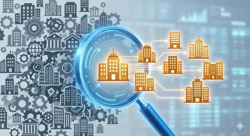 BtoBマーケティングにおけるセグメンテーション(市場細分化)のイメージ図。多数の企業の中からターゲットとなる特定の企業群を抽出・選定している様子