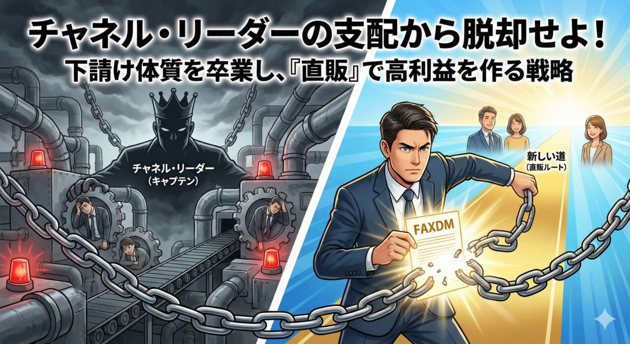 巨大なチャネル・リーダーの支配（鎖）を断ち切り、FAXDMを使ってエンドユーザーへの直販ルート（光の道）を切り拓く中小企業経営者のイメージイラスト。タイトル「チャネル・リーダーの支配から脱却せよ！下請け体質を卒業し、『直販』で高利益を作る戦略」。