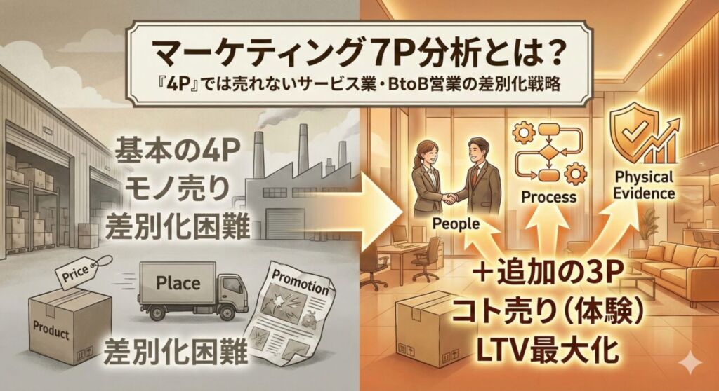 従来の4P（モノ売り）に、人・プロセス・物的証拠の3Pが加わり、サービス業向けの7P（コト売り）へと進化することで差別化とLTV最大化を実現する様子を表現したアイキャッチ画像。