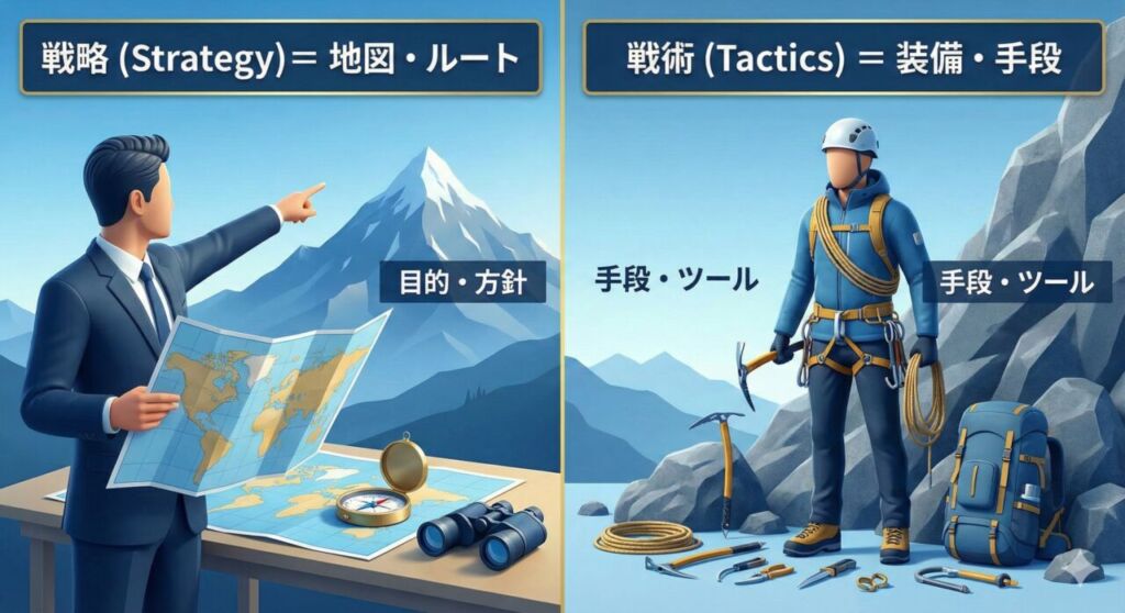 戦略（Strategy）と戦術（Tactics）の違い。戦略は「地図を広げてルートを決めること」、戦術は「登山靴やロープなどの装備を揃えること」として表現した比較イラスト。