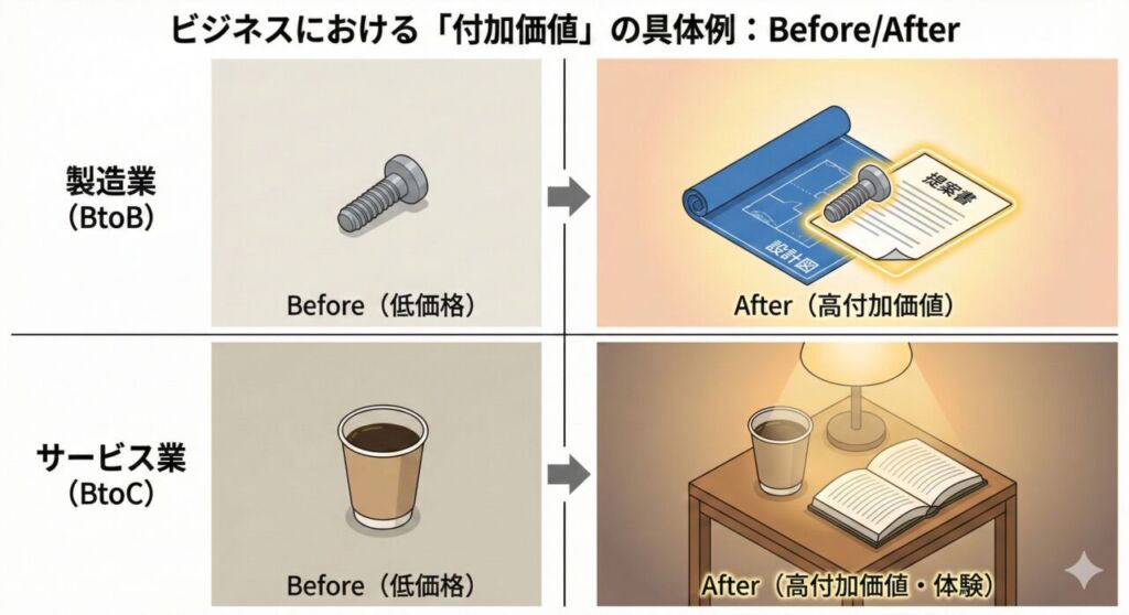 ビジネスにおける付加価値の具体例比較図。上段は製造業(BtoB)で、単なるネジに「提案書と設計図」を加えることで価値を高める様子。下段はサービス業(BtoC)で、単なるコーヒーに「居心地の良い空間(本と照明)」を加えることで体験価値を高める様子。