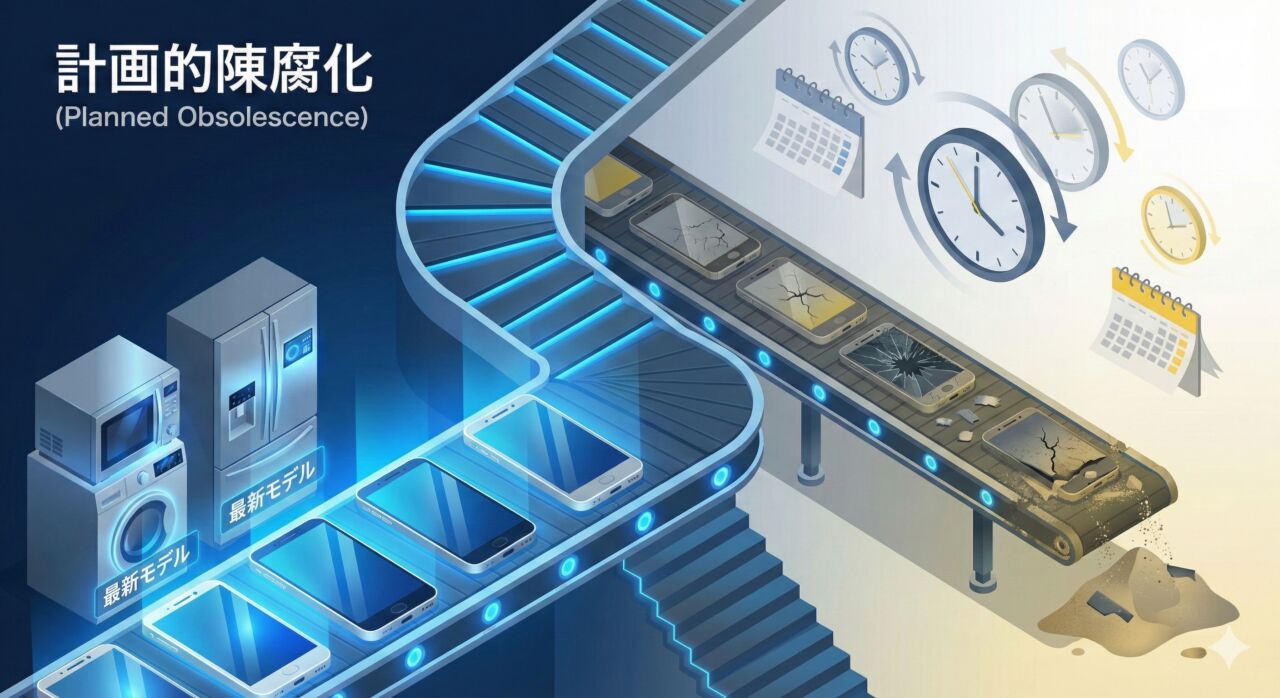 計画的陳腐化（Planned Obsolescence）のイメージ図。ベルトコンベア上の「最新モデル」の製品が、時計の針が進むとともに急速に劣化・破損し、最後は砂のように崩れ去る様子。