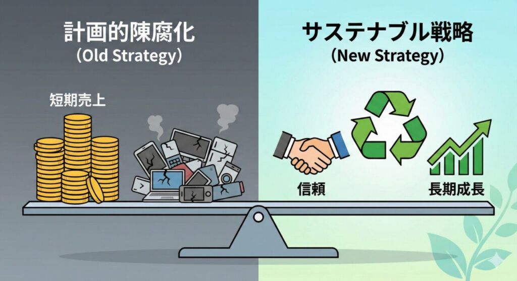 計画的陳腐化による短期売上と、サステナブル戦略による長期信頼の比較図。