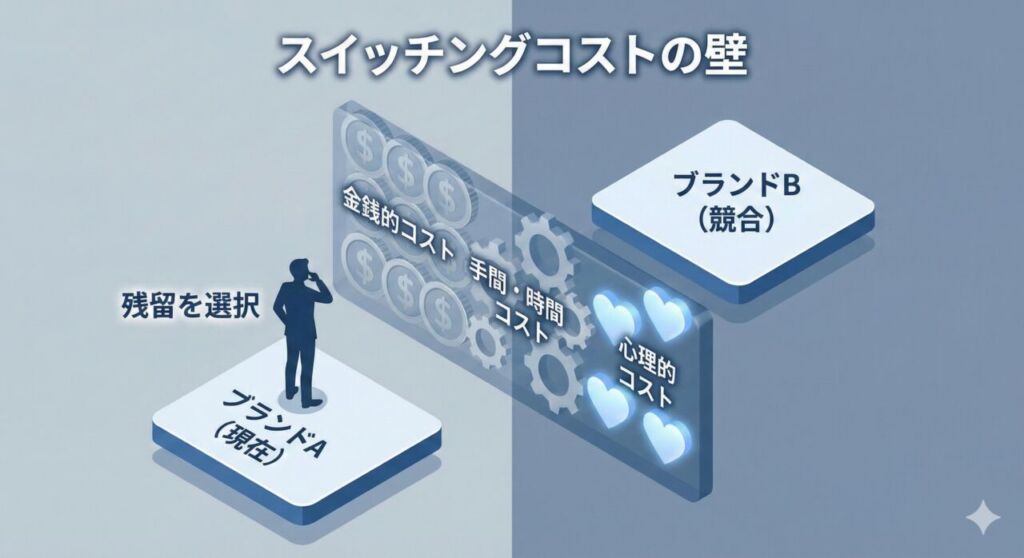 スイッチングコストのイメージ。顧客が他社のサービスへ乗り換えようとしているが、金銭や手間の「壁」があり、留まっている様子。