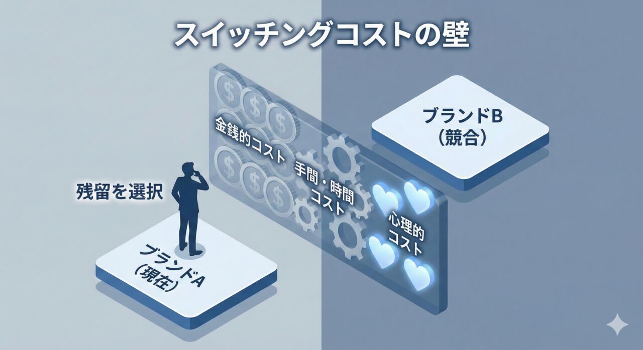 スイッチングコストのイメージ。顧客が他社のサービスへ乗り換えようとしているが、金銭や手間の「壁」があり、留まっている様子。