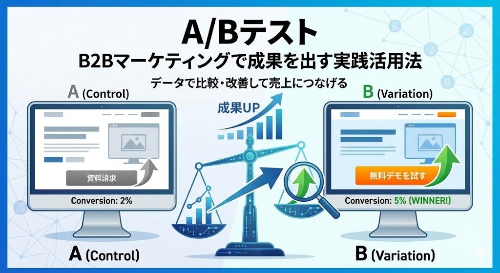 A/Bテストの概念図。2つの異なる施策(パターンAとパターンB)を天秤にかけ、データに基づいてより成果の高い方を選定しているイラスト。