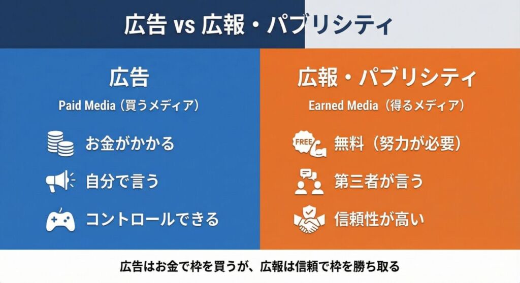 広告（Paid Media）と広報（Earned Media）の違いを比較した図解。費用、情報の信頼性、コントロール権の対比表
