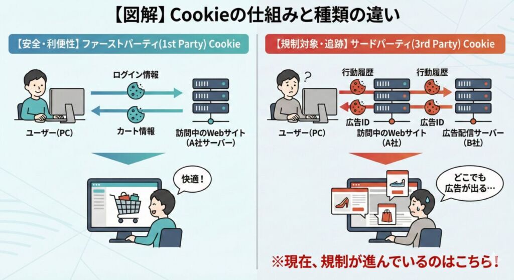 図解:ファーストパーティCookie(利便性向上)とサードパーティCookie(行動追跡・規制対象)の仕組みの違い比較