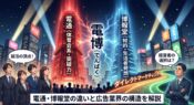 電通と博報堂のビルが対峙する広告業界のイメージイラスト。就活生と経営者がそれぞれの道を選択しようとしている様子。タイトル「電博（でんぱく）とは？電通・博報堂の違いと広告業界の構造を解説」。