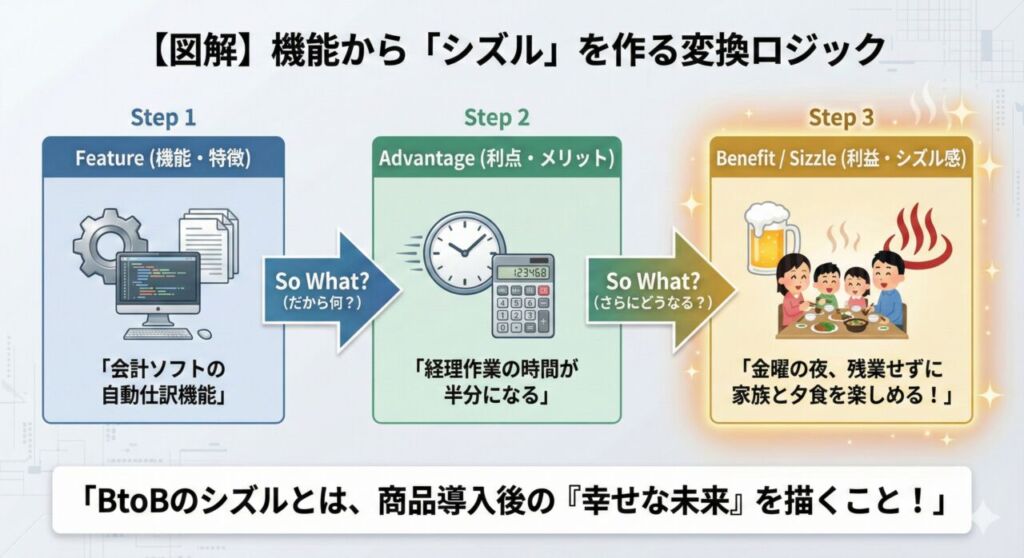 商品の「機能(Feature)」を「だから何?」と深掘りし、「利点(Advantage)」を経て、最終的な「シズル感のある体験(Benefit)」へと変換するコピーライティングの図解。