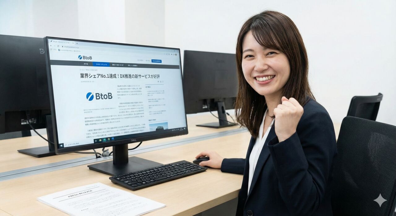 自社のプレスリリースがWebメディアに掲載された記事を見て、デスクで笑顔でガッツポーズをするBtoB広報担当者
