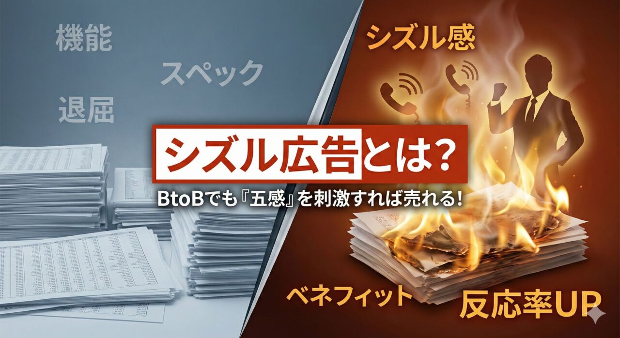 「ステーキを売るなシズルを売れ」という格言をモチーフに、退屈なスペック説明と、五感を刺激するシズル感のある広告表現を対比させたアイキャッチ画像。