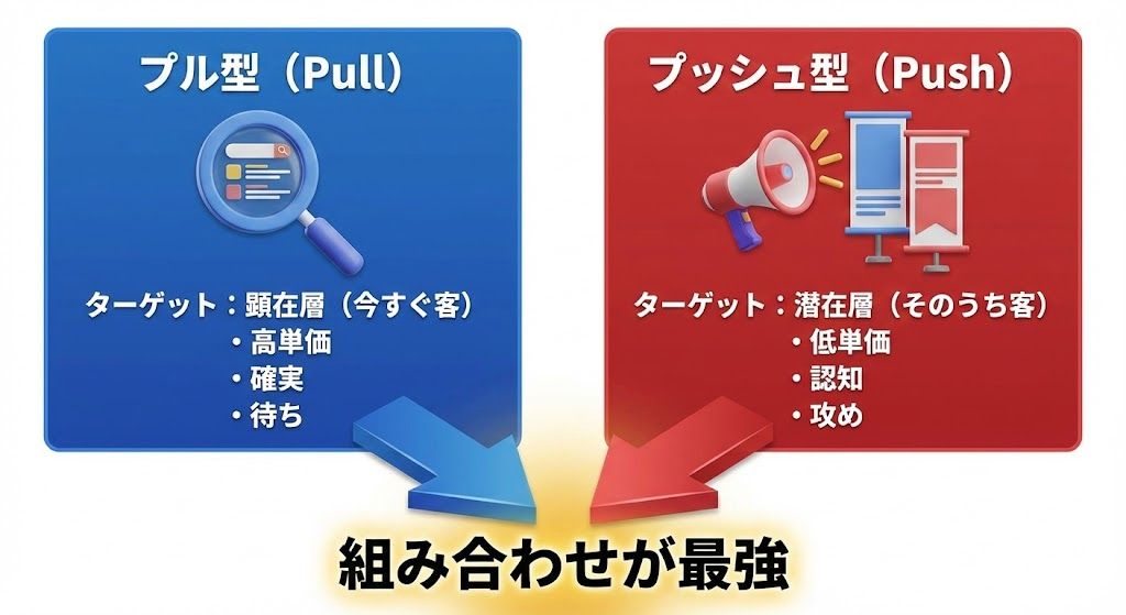 図解：プル型広告（検索・顕在層向け）とプッシュ型広告（ディスプレイ・潜在層向け）の比較マトリクス。ユーザー心理や獲得コストの違いを視覚化。