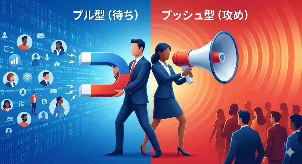 BtoB Web広告の選び方アイキャッチ。磁石で顧客を引き寄せる「プル型（検索広告）」と、メガホンで情報を届ける「プッシュ型（ディスプレイ・FAX）」の特徴を対比させた3Dイラスト。
