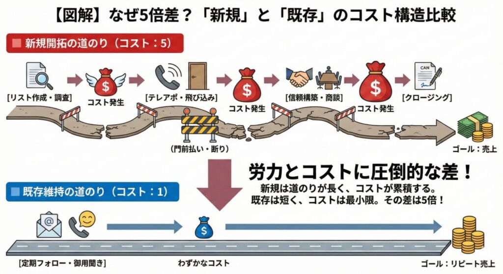 新規顧客獲得のプロセスが長く多大なコストがかかるのに対し、既存顧客維持のプロセスは短く低コストで済むことを比較した、1:5の法則のコスト構造図解。