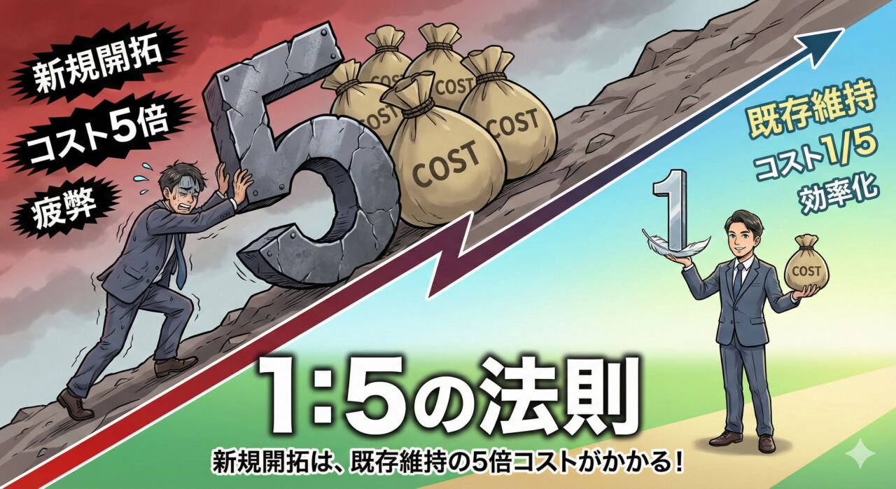 新規顧客の獲得には既存顧客維持の5倍のコストと労力がかかることを、巨大な重荷を背負う営業マンと、軽い荷物を持つ営業マンの対比で表現した1:5の法則のアイキャッチ画像。