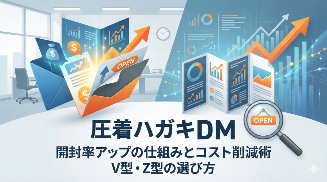 圧着ハガキDMの解説アイキャッチ画像。開封率アップの仕組みとコスト削減術、V型・Z型の選び方