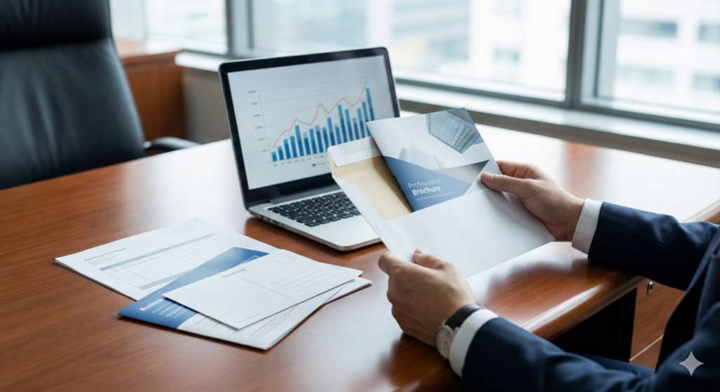 オフィスでダイレクトメール（封筒）を手にするビジネスマン。デジタル時代に見直される物理的なDMの開封率の高さと、決裁者への訴求力を表現したイメージ。