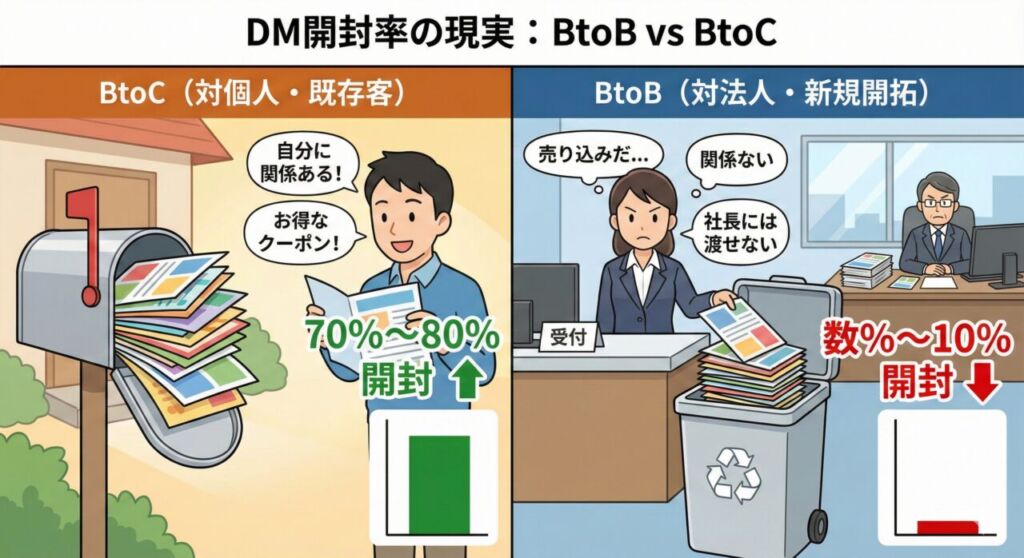 DM開封率の比較。BtoC既存客は70-80%で開封されるが、BtoB新規開拓は受付で廃棄され数%-10%に留まる様子。