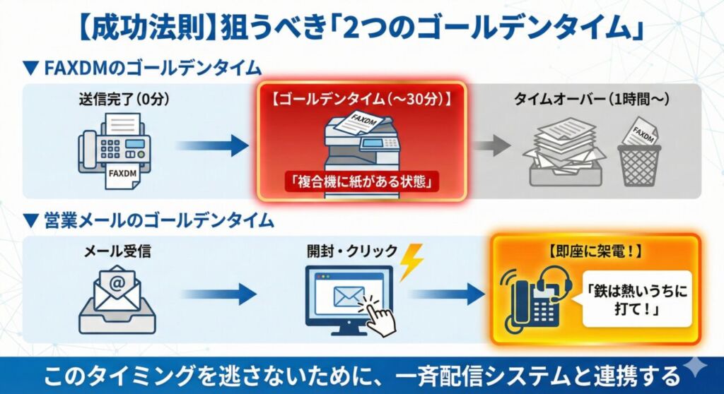 図解：FAXDMと営業メールの架電ゴールデンタイム。FAXは送信後30分以内の「複合機に紙がある状態」、メールは開封・クリック直後の「鉄は熱いうちに打て」る瞬間が最適であることを示すタイムライン