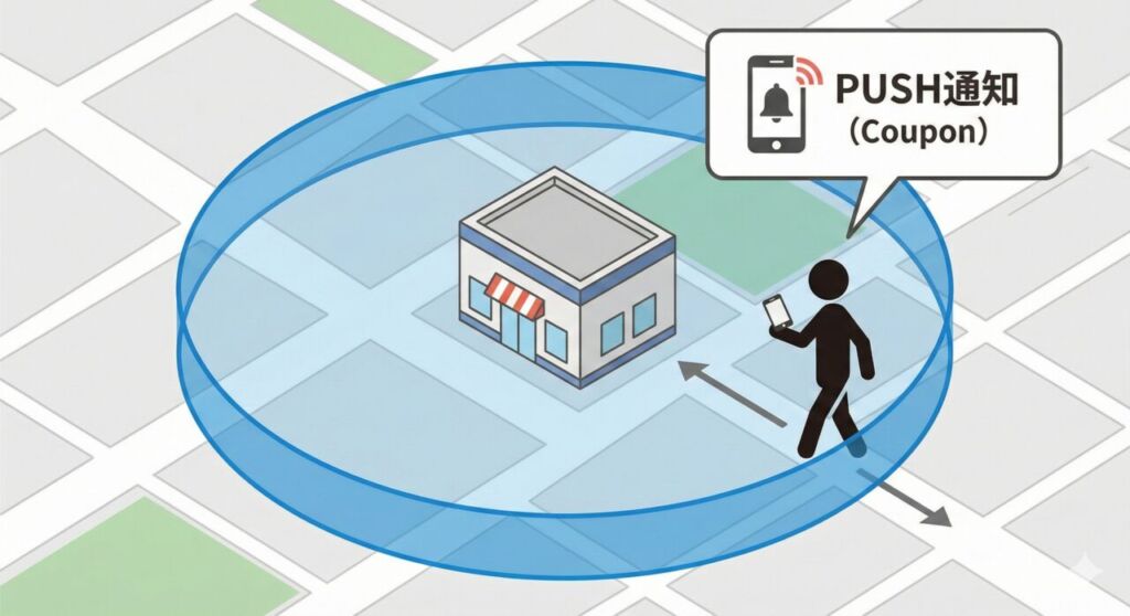 ジオフェンシングの仕組みを解説する図解。店舗を中心とした青い円形のエリア内に人物が入ると、持っているスマートフォンに「PUSH通知(Coupon)」が届く様子が描かれている。