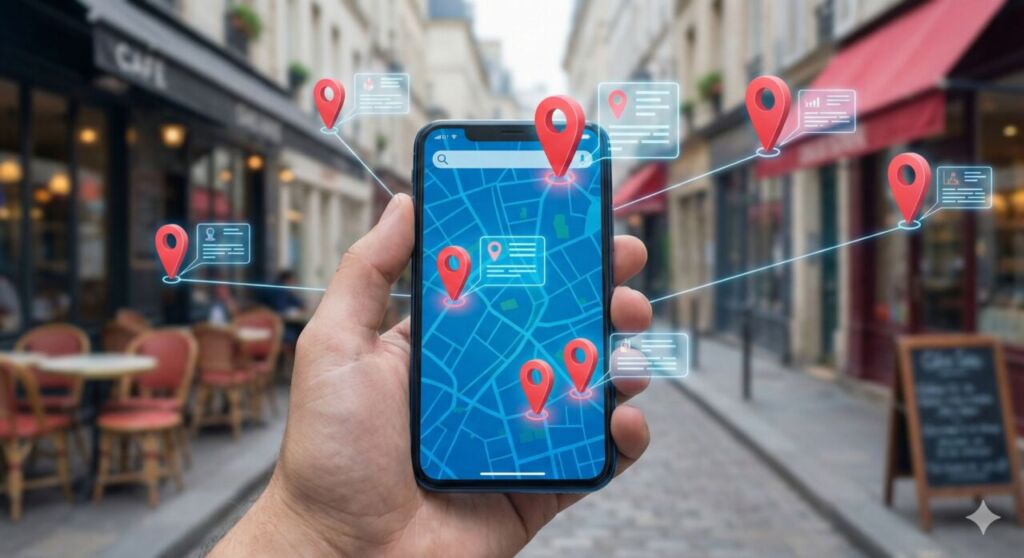 スマートフォンの地図アプリ画面から、現実の街並みにある店舗に向かって位置情報のピンと情報ウィンドウが飛び出している、ジオメディア(位置情報マーケティング)の概念イメージ。