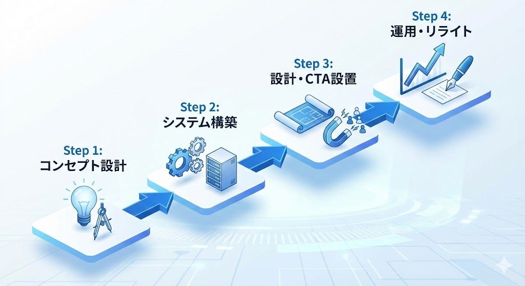 オウンドメディア立ち上げの4ステップ。1.コンセプト設計、2.システム選定、3.CTA設計、4.運用・リライトの流れをフローチャート化。