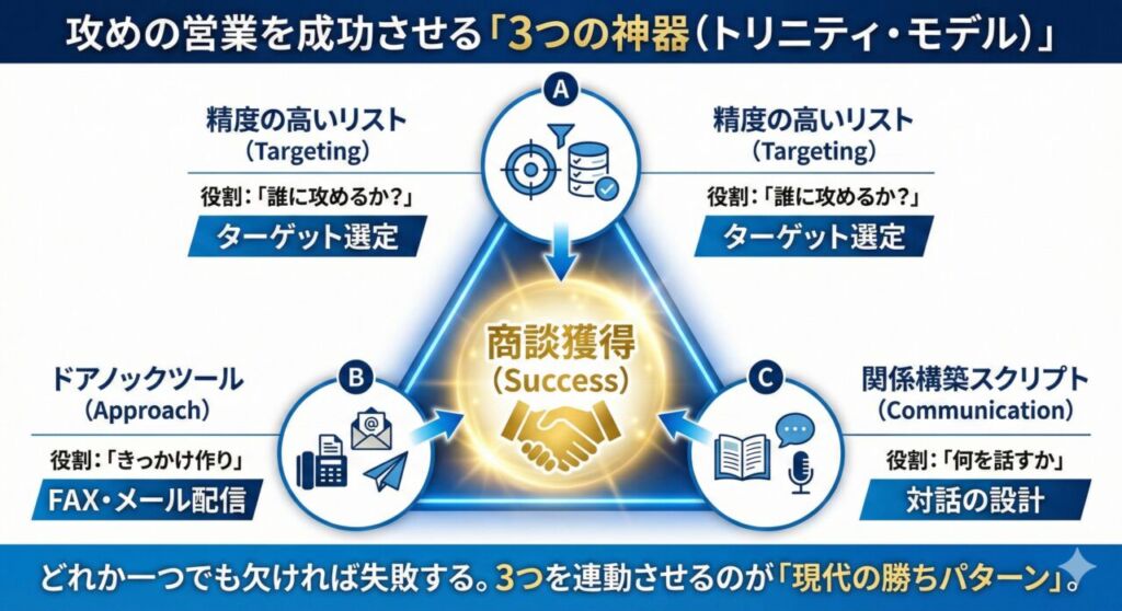 図解:アウトバウンド営業を成功させる3つの神器。1.精度の高いリスト、2.ドアノックツール(FAX/メール)、3.関係構築スクリプトが連携して商談を生み出す仕組み