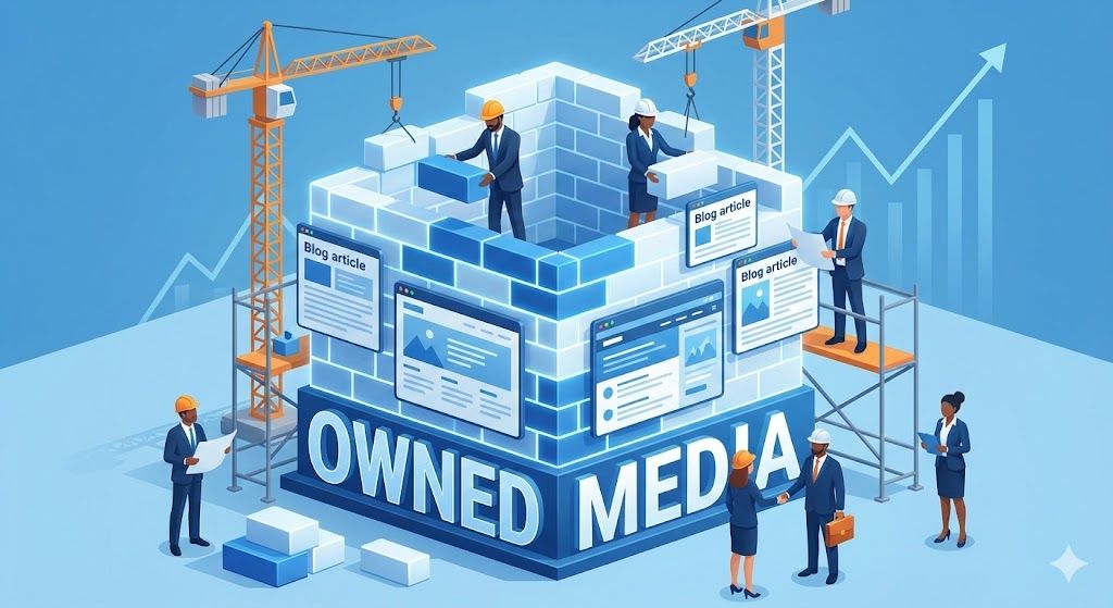 オウンドメディアのアイキャッチ画像。ビジネスパーソンが協力して、Webサイトという「自社の持ち家」をレンガ（記事）で構築している3Dイラスト。