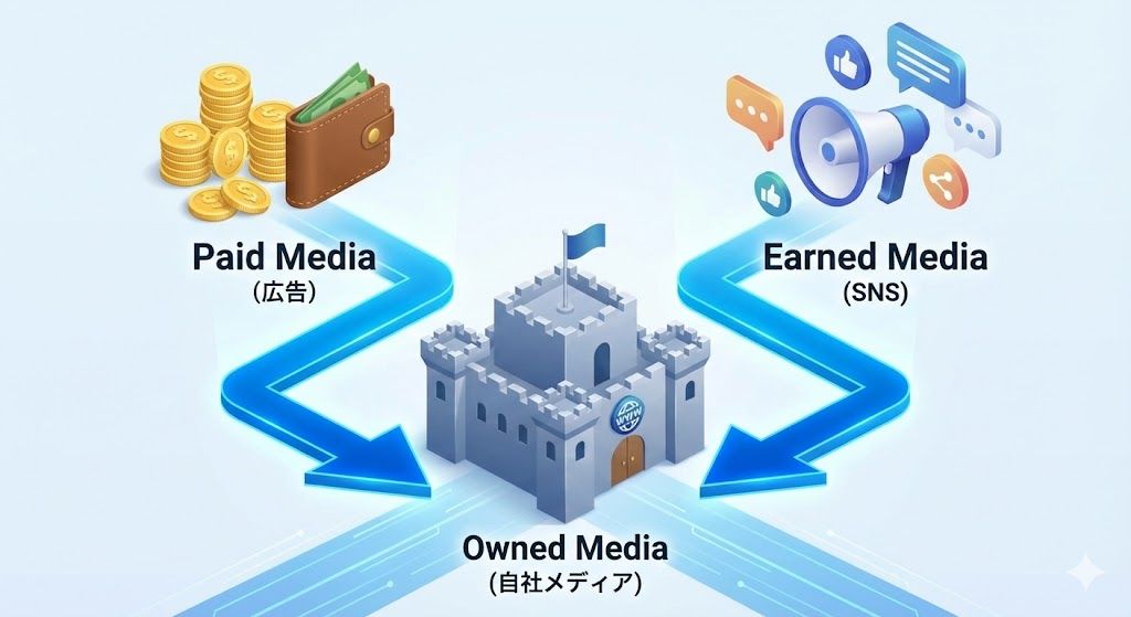 トリプルメディア（Paid, Earned, Owned）の関係性。広告（Paid）とSNS（Earned）の流入を、自社メディア（Owned）が受け皿として支える構造。