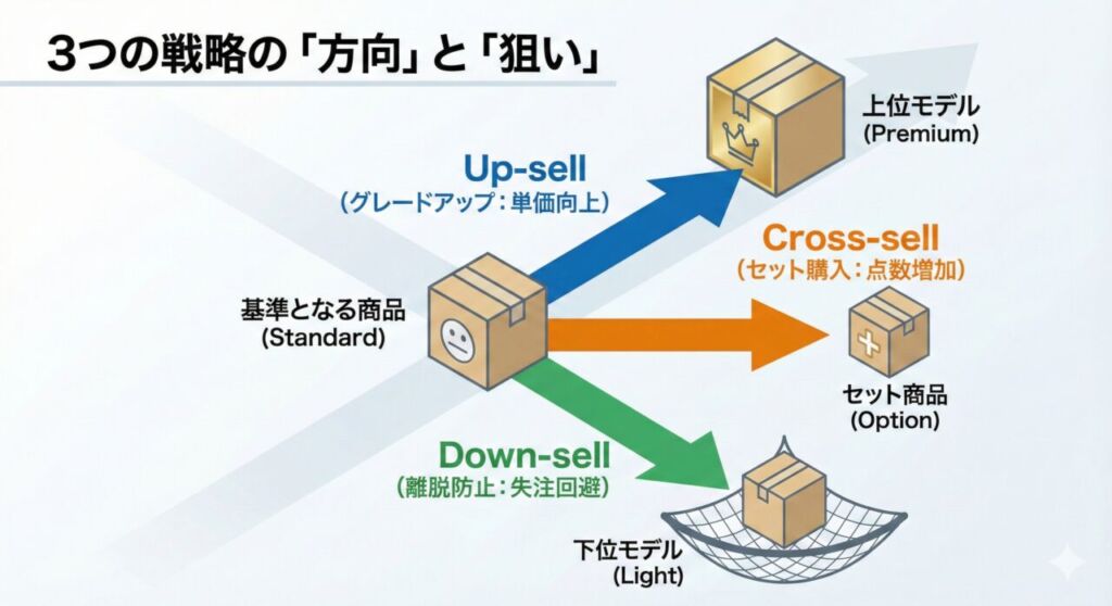 アップセルは上位版、クロスセルはセット販売、ダウンセルは下位版での離脱防止を示す概念図。