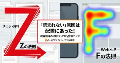 視線誘導の法則を比較したアイキャッチ。紙媒体のZの法則（Z型の矢印）と、Web媒体のFの法則（F型のヒートマップ）の対比図。