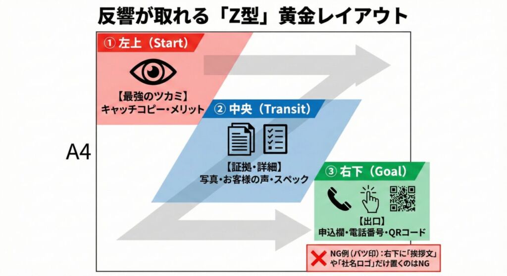 チラシやFAX DMのZの法則レイアウト図解。左上にキャッチコピー、中央に詳細、右下にアクション（申込）を配置する流れを示した図。