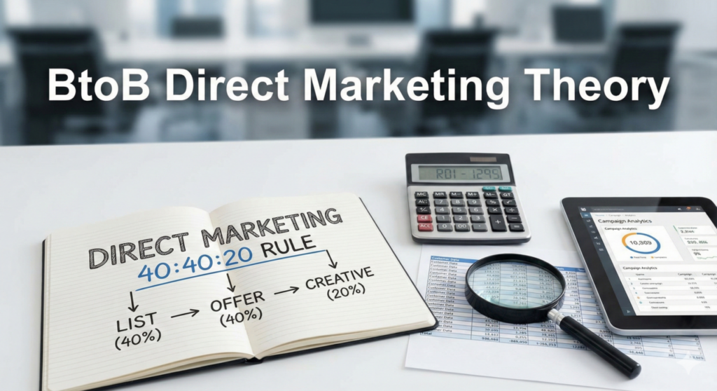 ビジネスデータやグラフに囲まれた的の中心に矢が命中しているイラスト。ダイレクトマーケティングにおける正確なターゲティングと効果測定のイメージ。