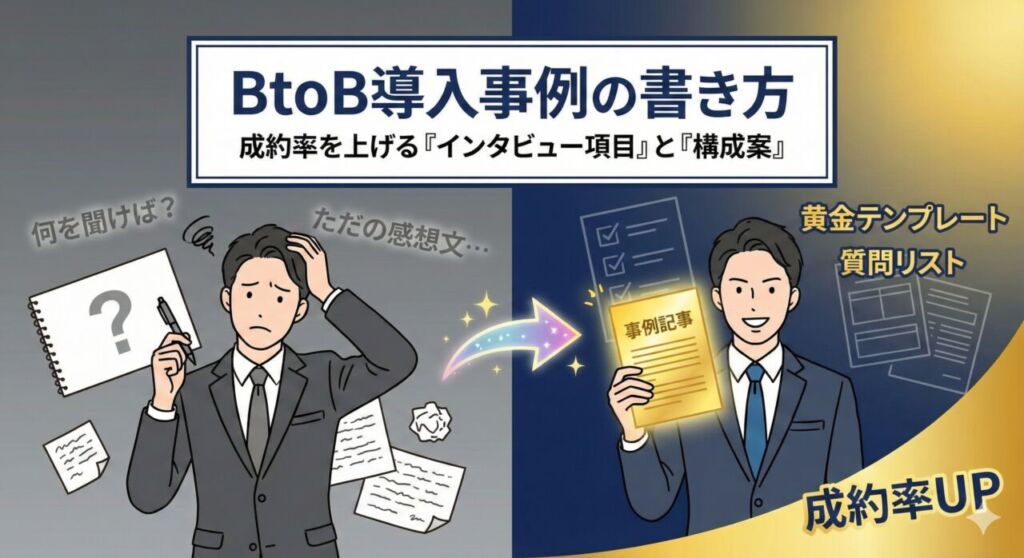導入事例の書き方に悩む営業担当者が、テンプレートと質問リストを活用して、成約率の高い質の高い事例記事を完成させる様子を描いたアイキャッチ画像。