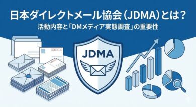 日本ダイレクトメール協会（JDMA）のイメージ。ダイレクトメールの山と分析グラフ、マーケティング調査を表現したイラスト